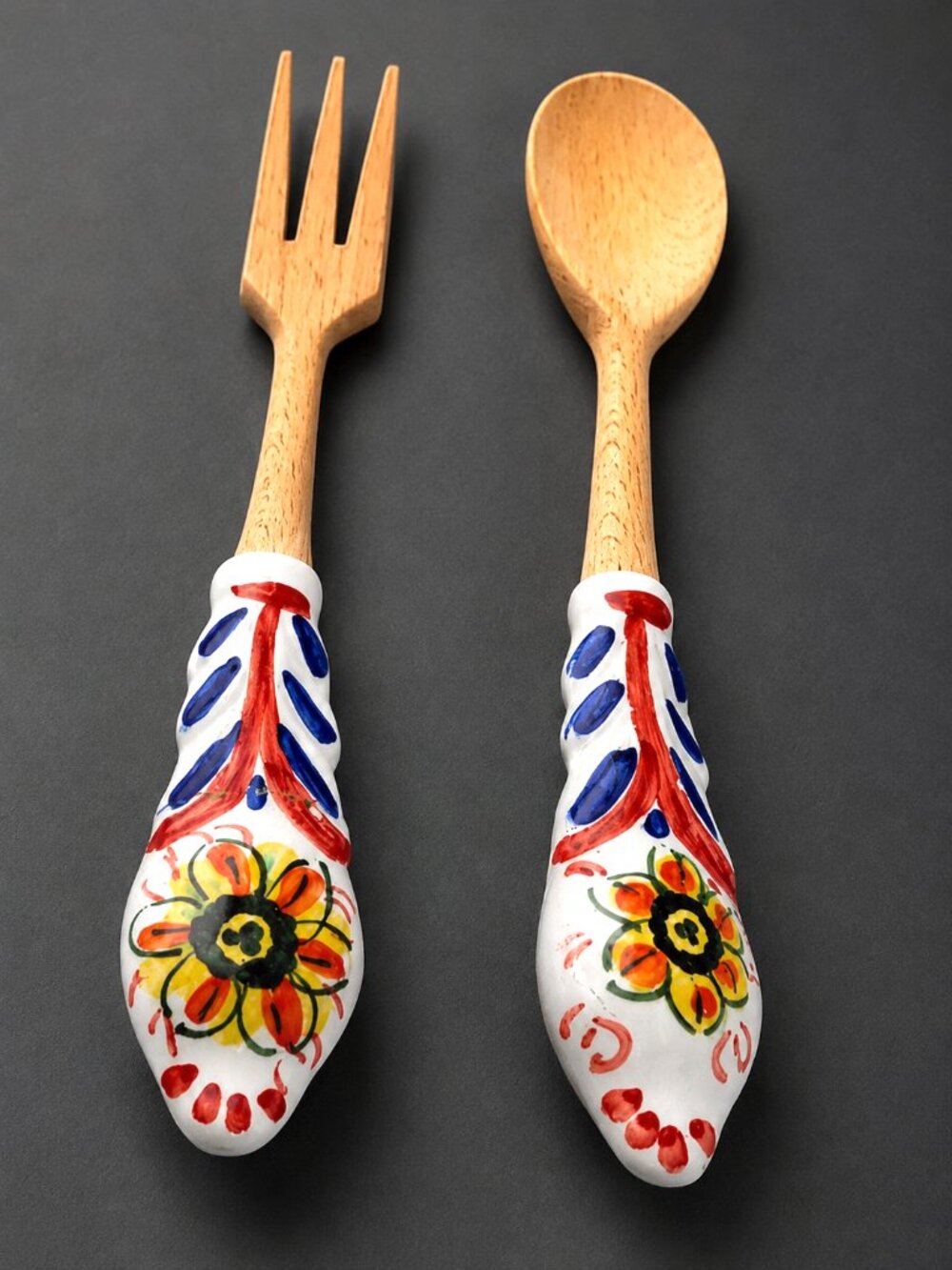 Italian Hand-Painted Ceramic & Wood Salad Server Set–VTG Floral Serving Utensils